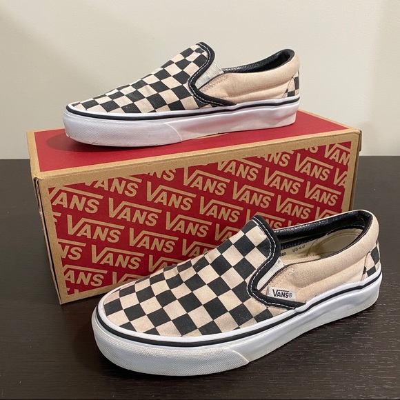 Vans Shoes - Pale Pink and Black Checkerboard Slip On Vans